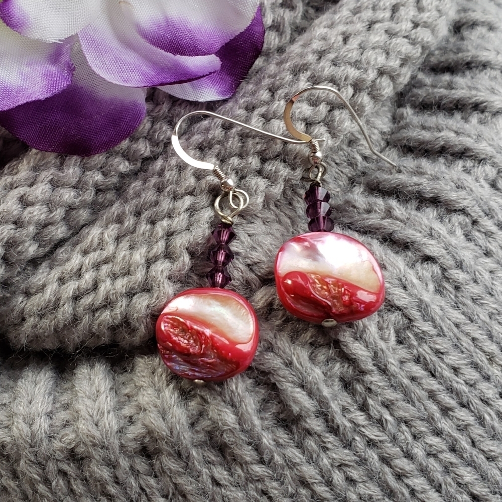 Artisan Hot Pink Mother Of Pearl Earrings Shepard Hook Sterling Silv 1¾" L NWOT